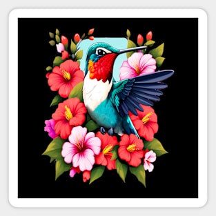 Cute Ruby Throated Hummingbird Surrounded by Spring Flowers Magnet